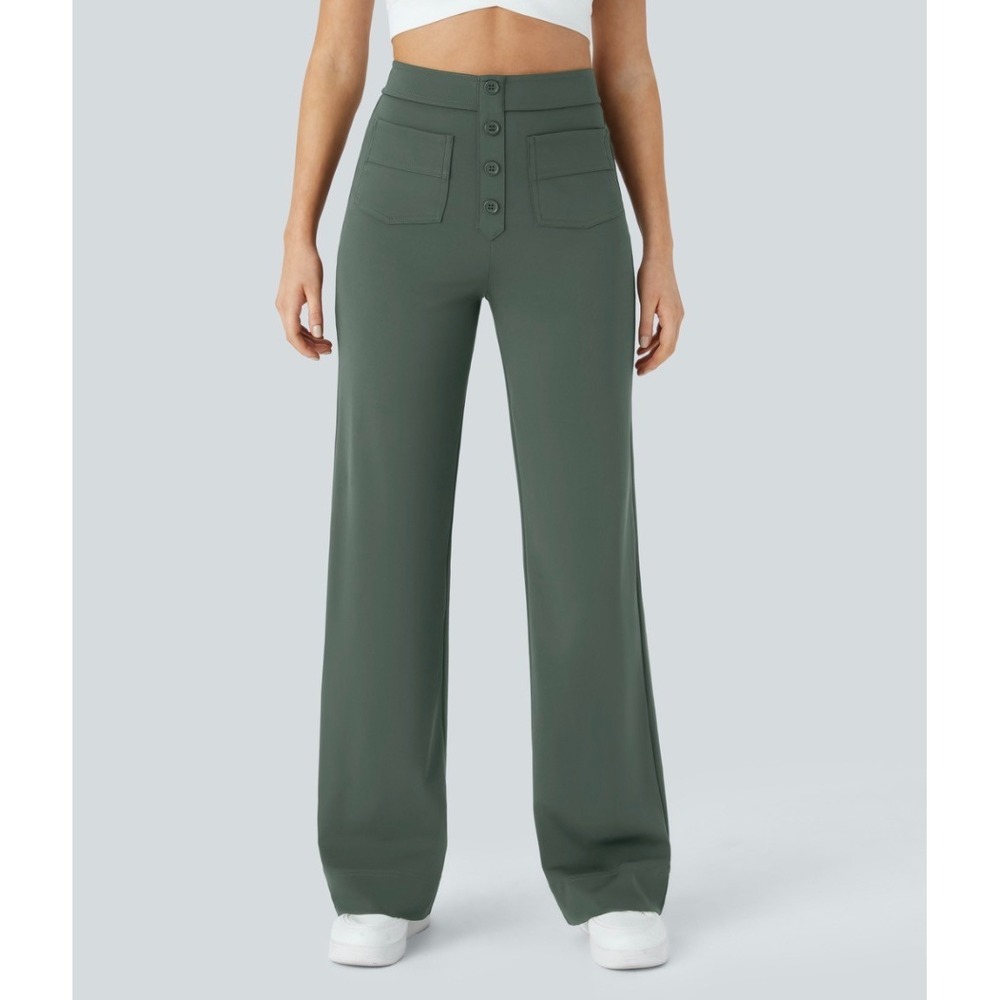 Halara Womens Day Stretch High Waisted Straight Leg Pants Sz M Green Pull On